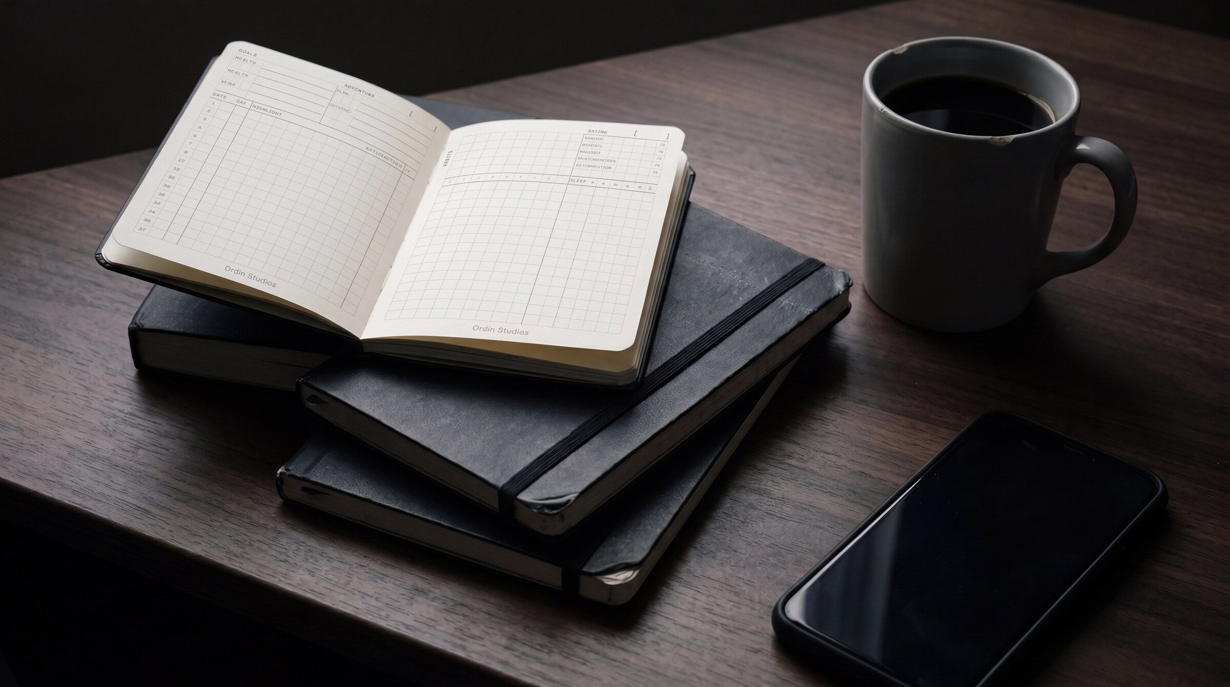 The Ledger open on a stack of old moleskines — the dashboard system, finally printed.