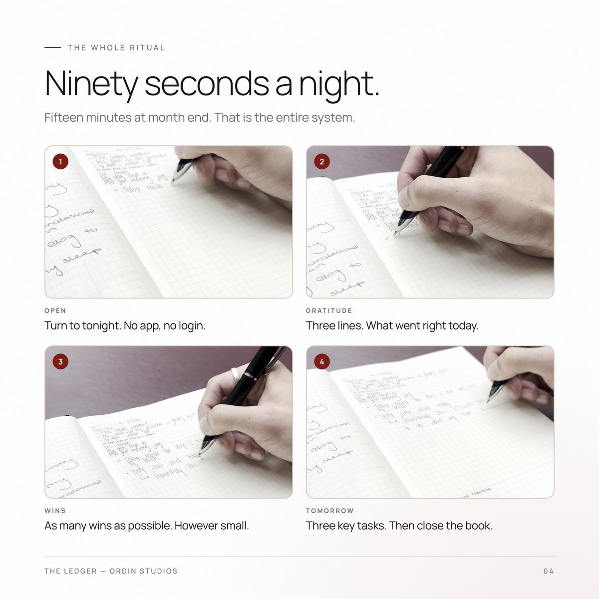 Ninety seconds a night: open the book, three gratitude lines, your wins, then three key tasks for tomorrow