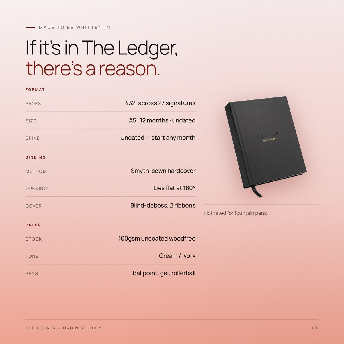 Made to be written in: 432 pages across 27 signatures, A5 Smyth-sewn hardcover lying flat at 180 degrees, 100gsm uncoated paper