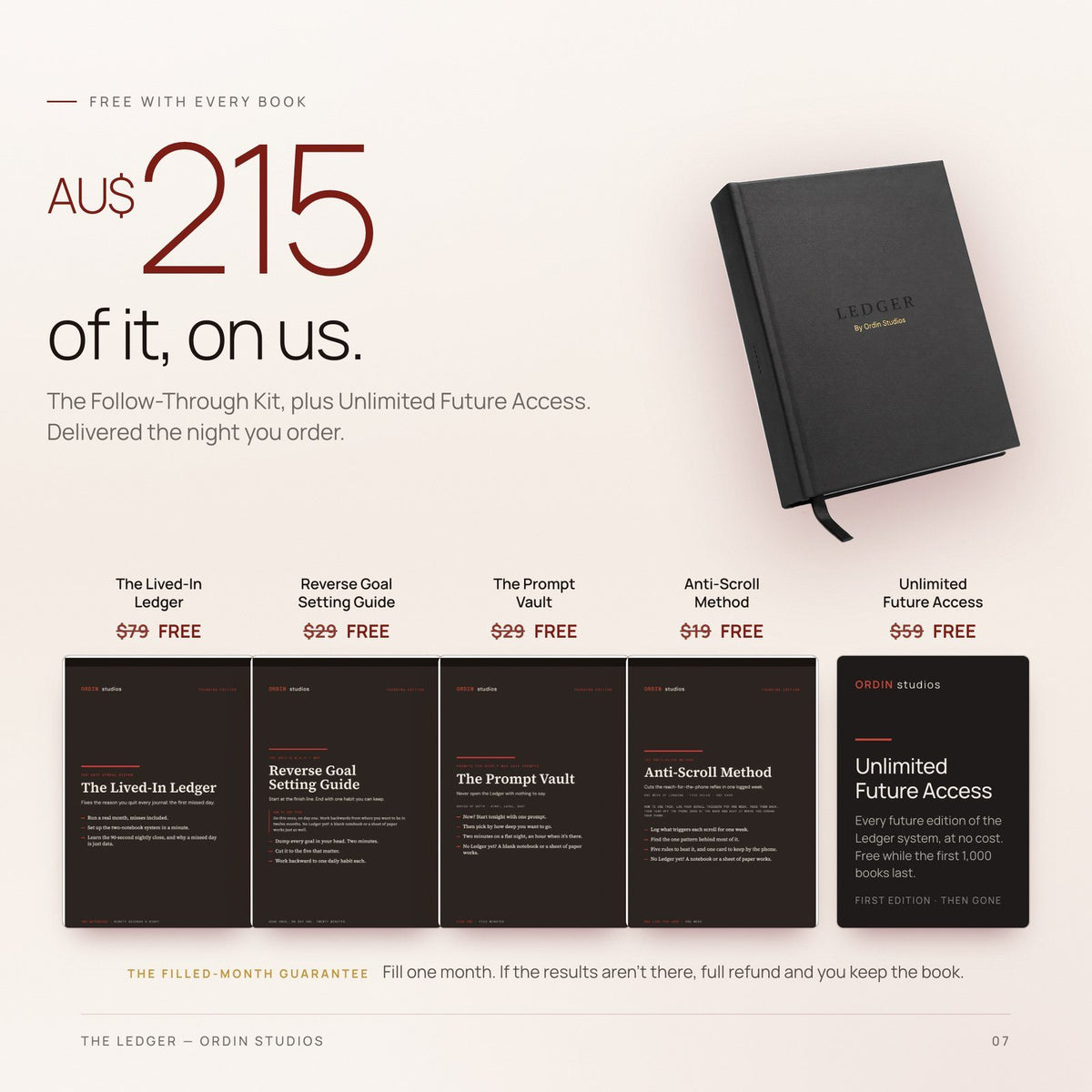 What comes with the book: the Follow-Through Kit and Unlimited Future Access, AU$215 of tools free with every Ledger