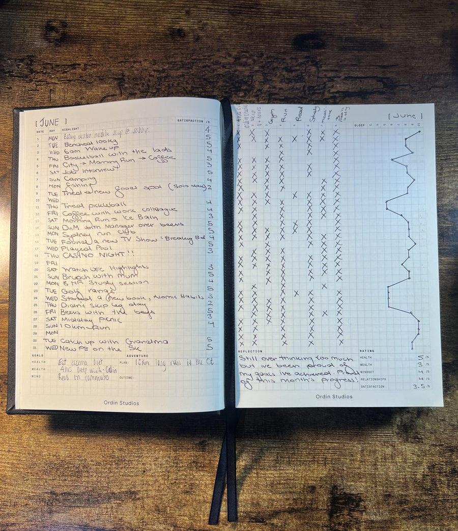 A real June dashboard filled in by hand: daily highlights, satisfaction scores, habit grid and sleep graph.